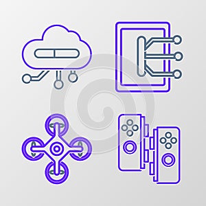 Set line Gamepad, Drone, Tablet and Internet of things icon. Vector