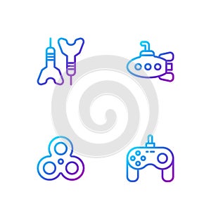 Set line Gamepad, Fidget spinner, Dart arrow and Submarine toy. Gradient color icons. Vector