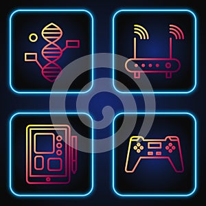 Set line Gamepad, Graphic tablet, DNA symbol and Router and wi-fi signal. Gradient color icons. Vector