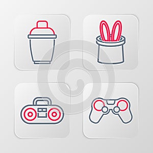 Set line Gamepad, Home stereo with two speakers, Magician hat and rabbit ears and Cocktail shaker icon. Vector