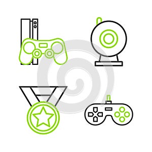 Set line Gamepad, Medal, Web camera and console with joystick icon. Vector