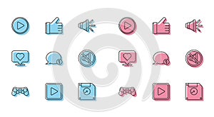 Set line Gamepad, Play in square, circle, Floppy disk for computer data storage, Speech bubble chat, Speaker mute, Like