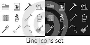 Set line Garden fork, Bucket, rake, Flower in pot, fence, hose fire hose, pitchfork and Fertilizer bag icon. Vector