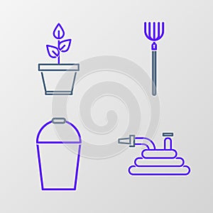 Set line Garden hose or fire hose, Bucket, pitchfork and Plant in pot icon. Vector