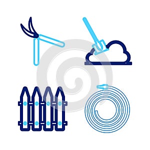 Set line Garden hose or fire hose, fence, Shovel in the ground and Gardening handmade scissor icon. Vector