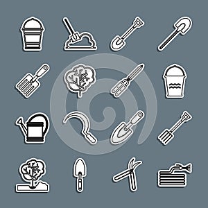 Set line Garden hose or fire hose, pitchfork, Bucket, shovel, Tree, and Gardening handmade scissor icon. Vector