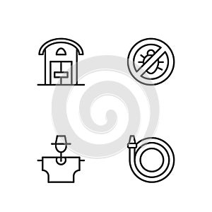 Set line Garden hose, Scarecrow, Farm house and Stop colorado beetle icon. Vector