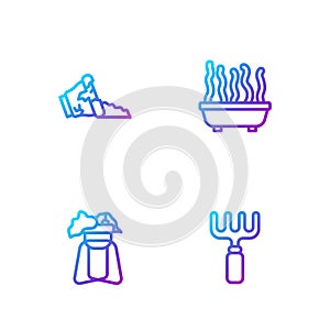 Set line Garden rake, Plant on stand, Broken pot and in. Gradient color icons. Vector