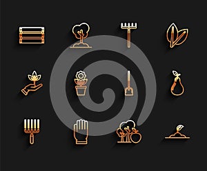 Set line Garden rake in work, gloves, Wooden box, Tree with apple, Sprout, Flower pot, Pear and Shovel icon. Vector