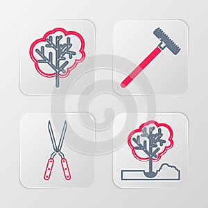 Set line Garden saw, Gardening handmade scissor, rake and Tree icon. Vector