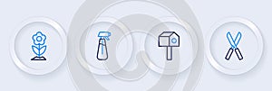 Set line Gardening scissors, Bird house, sprayer for water and Flower icon. Vector