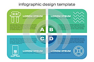 Set line Gas boiler with a burning fire, Water filter, Industry valve and Wave. Business infographic template. Vector