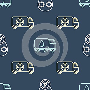 Set line Gas mask, Ambulance and emergency car and Water delivery truck on seamless pattern. Vector
