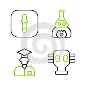 Set line Gas mask, Laboratory assistant, Test tube flask on fire and Pipette icon. Vector