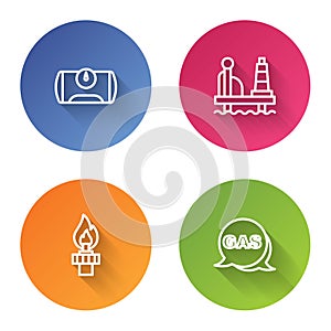 Set line Gas tank for vehicle, Oil platform in the sea, rig with fire and Location and gas station. Color circle button