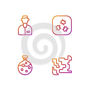 Set line Gaseous, Test tube and flask, Laboratory assistant and Bacteria. Gradient color icons. Vector