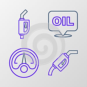 Set line Gasoline pump nozzle, Motor gas gauge, Word oil and icon. Vector