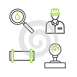 Set line Gauge scale, Industry pipe, Oilman and drop icon. Vector