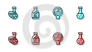 Set line Gauge scale, Test tube with toxic liquid, Medicine bottle and pills and icon. Vector