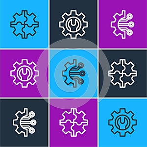 Set line Gear, Algorithm and Wrench spanner and gear icon. Vector