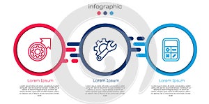 Set line Gear and arrows as workflow process, Wrench spanner gear and Calculator. Business infographic template. Vector