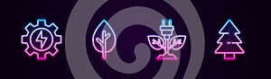 Set line Gear and lightning, Tree, Electric saving plug leaf and Christmas tree. Glowing neon icon. Vector