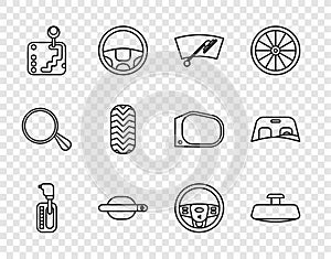 Set line Gear shifter, Car mirror, Windscreen wiper, door handle, tire, Steering wheel and windscreen icon. Vector