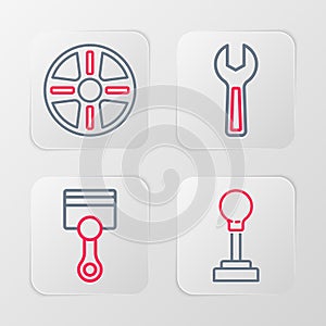 Set line Gear shifter, Engine piston, Wrench spanner and Alloy wheel icon. Vector