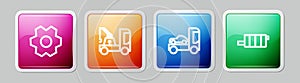 Set line Gear, Tow truck, Car transporter and muffler. Colorful square button. Vector