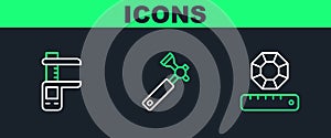 Set line Gem stone, Calliper or caliper and scale and Jewelers lupe icon. Vector