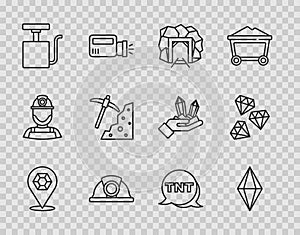 Set line Gem stone, Mine entrance, Miner helmet, Handle detonator, Pickaxe, Dynamite and icon. Vector