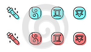 Set line Gemini zodiac, Bottle with potion, Yin Yang and Earth element icon. Vector