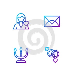 Set line Gender, Candlestick, Romantic girl and Envelope with Valentine heart. Gradient color icons. Vector