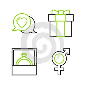 Set line Gender, Diamond engagement ring, Gift box and Heart speech bubble icon. Vector