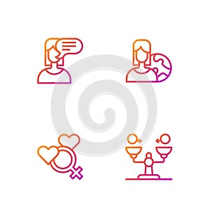 Set line Gender equality, Female gender, opinion and Women from different countries. Gradient color icons. Vector