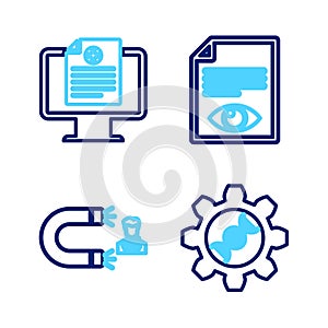Set line Genetic engineering, Customer attracting, Paper page with eye and Clinical record on monitor icon. Vector