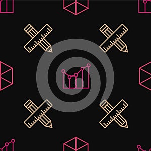 Set line Geometric figure Cube, Crossed ruler and pencil and Graph, schedule, chart, diagram on seamless pattern. Vector