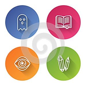 Set line Ghost, Ancient magic book, Hypnosis and Magic stone. Color circle button. Vector