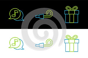 Set line Gift box, Musical note in speech bubble and Birthday party horn icon. Vector