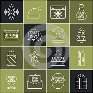 Set line Gift box, Ski and sticks, Christmas tree, Calendar, Snowflake speech bubble, and snow globe icon. Vector