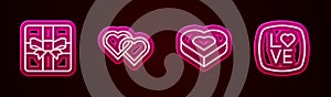Set line Gift box, Two Linked Hearts, Candy heart shaped and Love text. Glowing neon icon. Vector