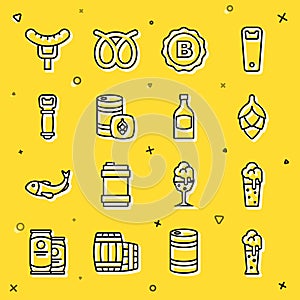 Set line Glass of beer, Hop, Bottle cap with, Metal keg, opener, Sausage on the fork and Beer bottle icon. Vector