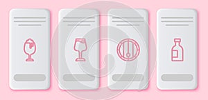 Set line Glass of beer, Wine glass, Wooden barrel and bottle vodka. White rectangle button. Vector