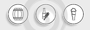 Set line Glass of beer, Wooden barrel and Beer bottle icon. Vector
