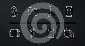 Set line Glass of beer, Wooden barrel, Beer can, and tap icon. Vector