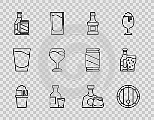 Set line Glass of beer, Wooden barrel, Whiskey bottle, Bottle vodka with glass, Beer and can, Wine, and icon. Vector