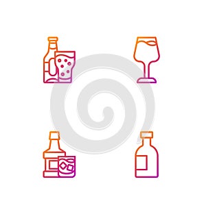 Set line Glass bottle of vodka, Whiskey and glass, Beer and Wine. Gradient color icons. Vector