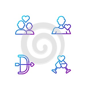Set line Glass of champagne, Bow and arrow, Lover couple and Romantic man. Gradient color icons. Vector