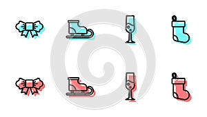 Set line Glass of champagne, Bow tie, Figure skates and Christmas stocking icon. Vector