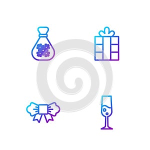Set line Glass of champagne, Bow tie, Santa Claus bag gift and Gift box. Gradient color icons. Vector
